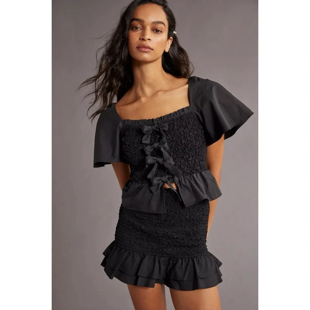 NWT Anthropologie x Mare Mare Bow-Front Tied Bows Blqck Smocked Peplum Blouse S‌